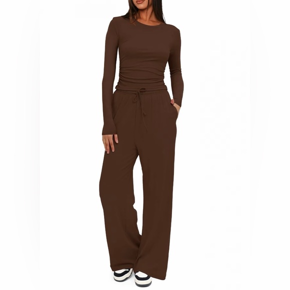 The Real Clean Company Pants - Lounge Pant and Top Set - Wide Leg Drawstring Pants and Ruched Top Set- Brown